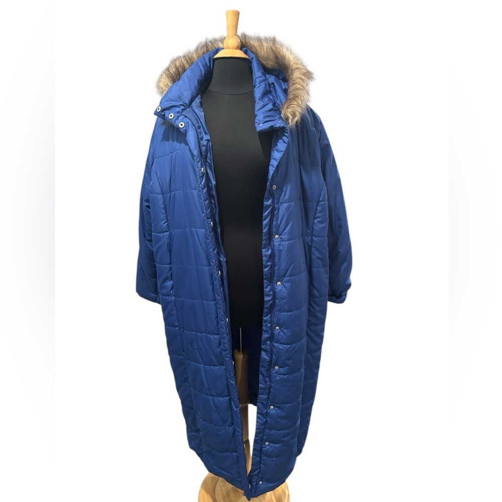 Roaman's Plus Size Blue Knee Length Puffer Coat w/Faux Fur Hood-size 1X - Picture 5 of 11